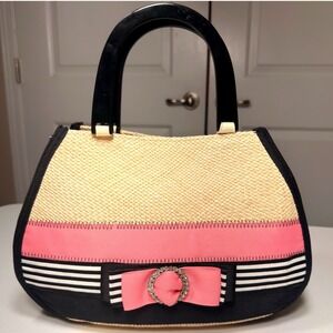 Andrea Stuart NY Straw Handbag Pink Black Ribbon Bow Rhinestone Preppy Tote